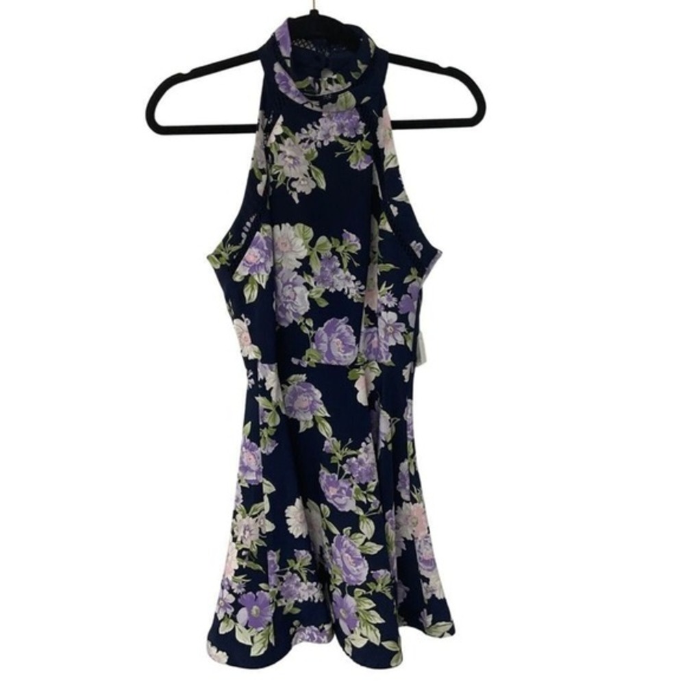 NWT B.‎ Darlin Women Halter Dress Navy Purple Floral 3/4 Fit Flare 7DTT006